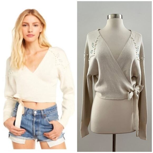 Wildfox Wilder Pearl Tie Wrap Sweater Embellished Beaded Cropped Cream Large NWT - Picture 1 of 15
